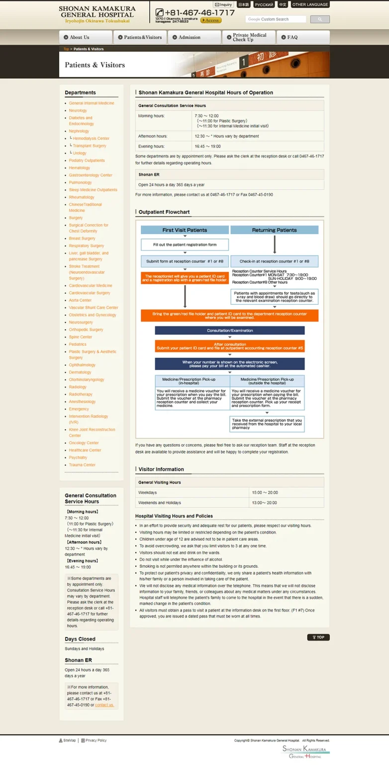 [湘南鎌倉総合病院 英語サイト] 受診される方へページ